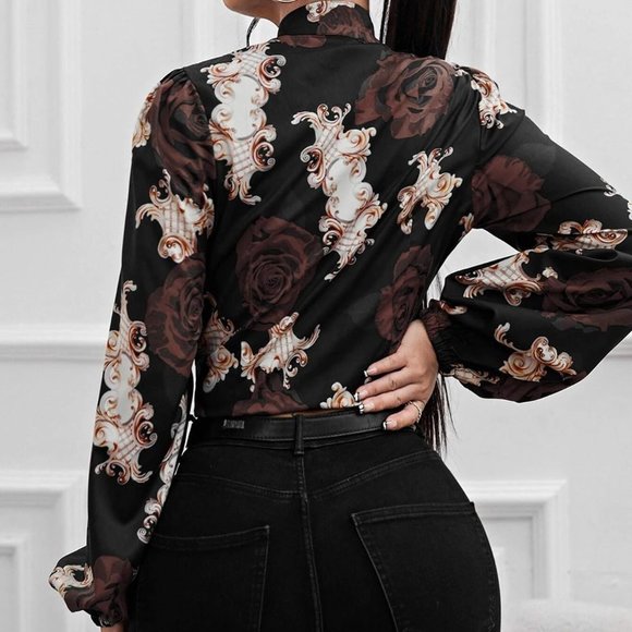 FloralLantern Sleeve Tie Neck Blouse - Picture 3 of 5